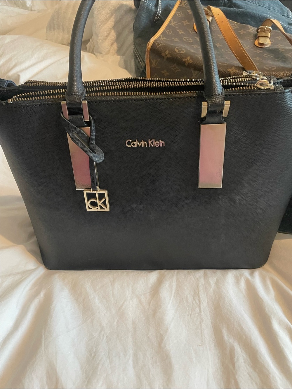 Calvin Klein Black Zip-Top Saffiano Tote with Silver Hardware